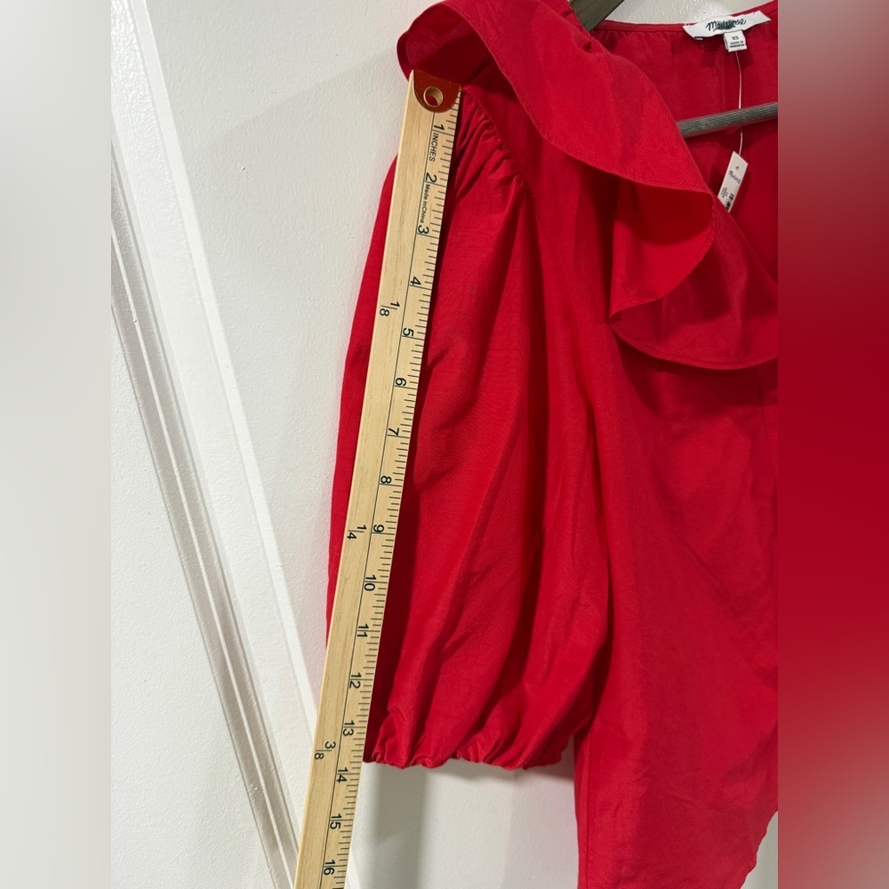 Madewell Ruffled Y-Neck Cotton-Silk Top Festival Red XS Puff Sleeve NWT - Picture 7 of 11